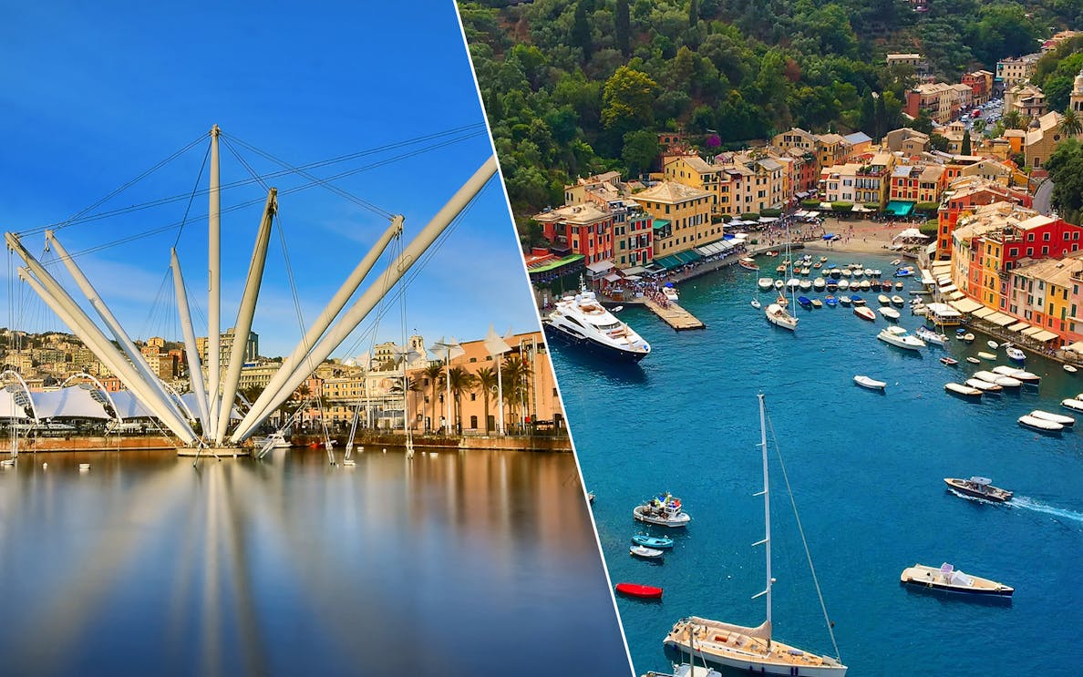 Genoa harbor with Bigo lift and Portofino's colorful waterfront and boats.