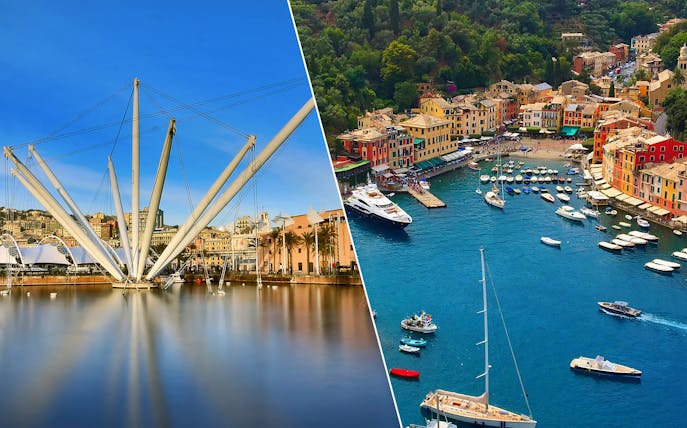 Genoa harbor with Bigo lift and Portofino's colorful waterfront and boats.