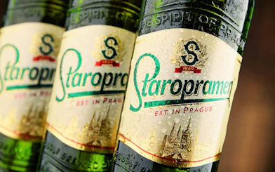 Staropramen beer bottles from Prague brewery tour.