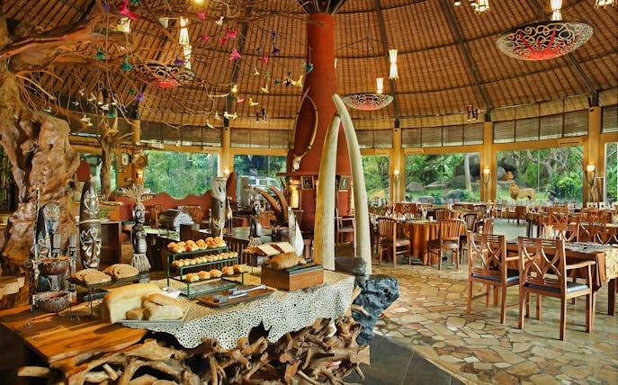 Breakfast buffet setup at Bali Safari and Marine Park with lion view in the background.