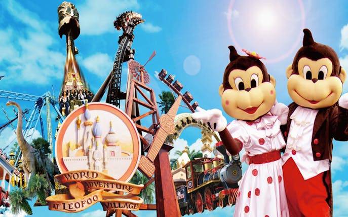 Leofoo Village Theme Park rides and mascots with roller coasters and train.