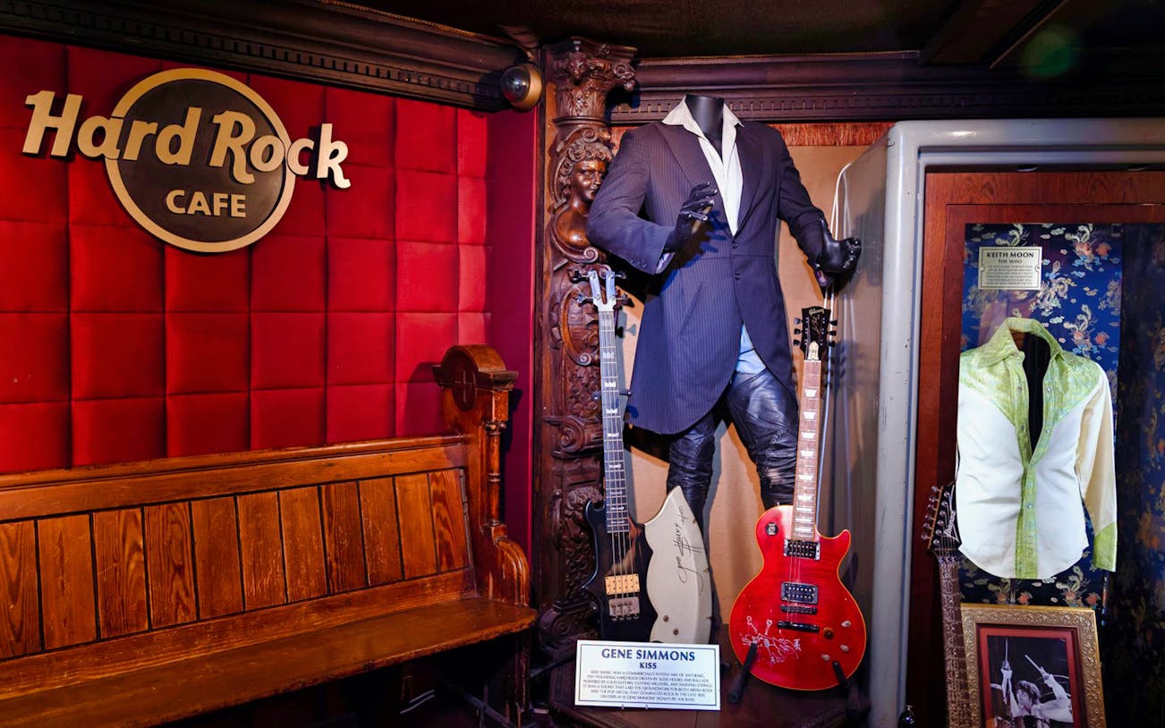 Hard Rock Cafe London display with guitars and rock memorabilia.