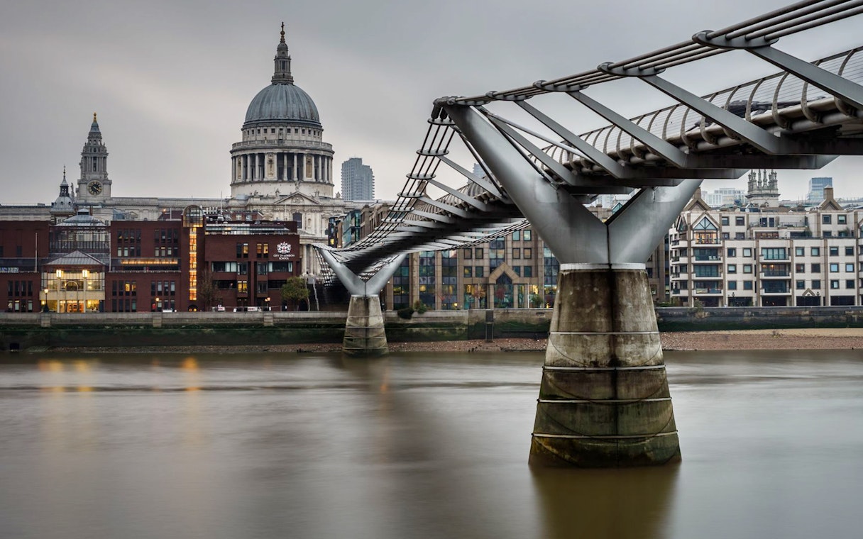 Millennium Bridge leading to St. Paul's Cathedral, featured in Harry Potter film locations tour, London.