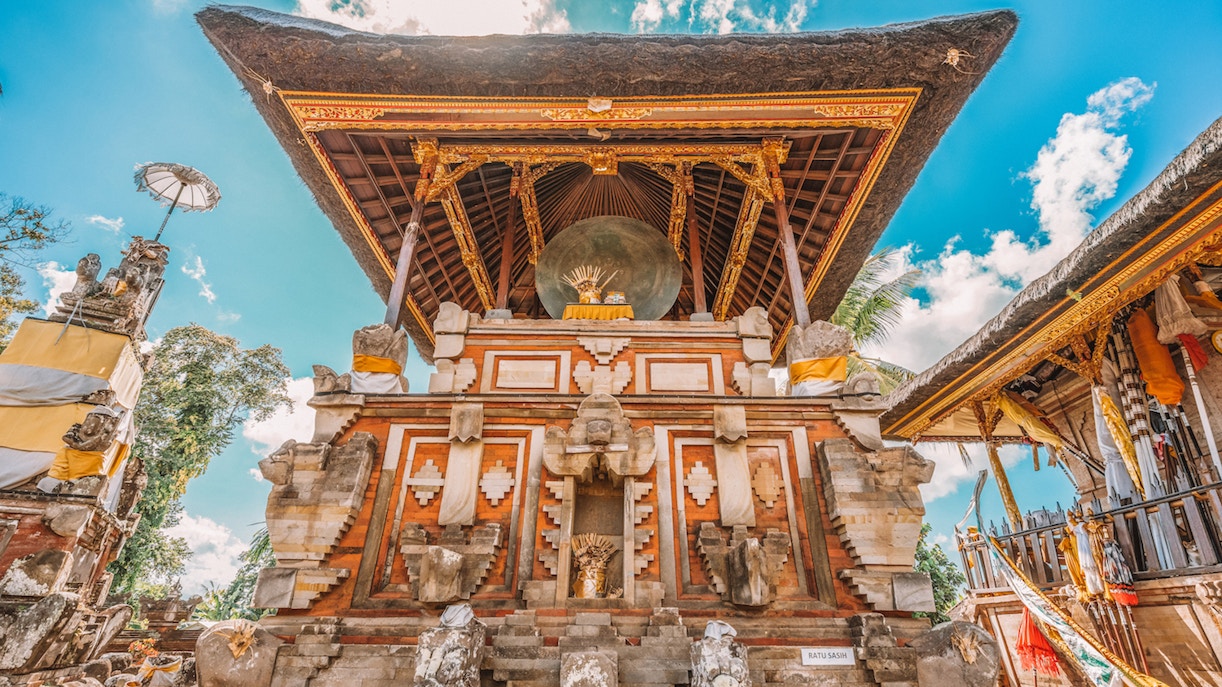 Goa Gajah temple entrance with intricate carvings, Ubud, Bali.