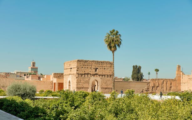 Marrakesh cityscape with historic ruins and palm trees on a sunny day.