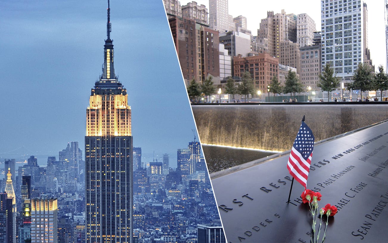 Empire State Building and 9/11 Memorial Museum with American flag and flowers.