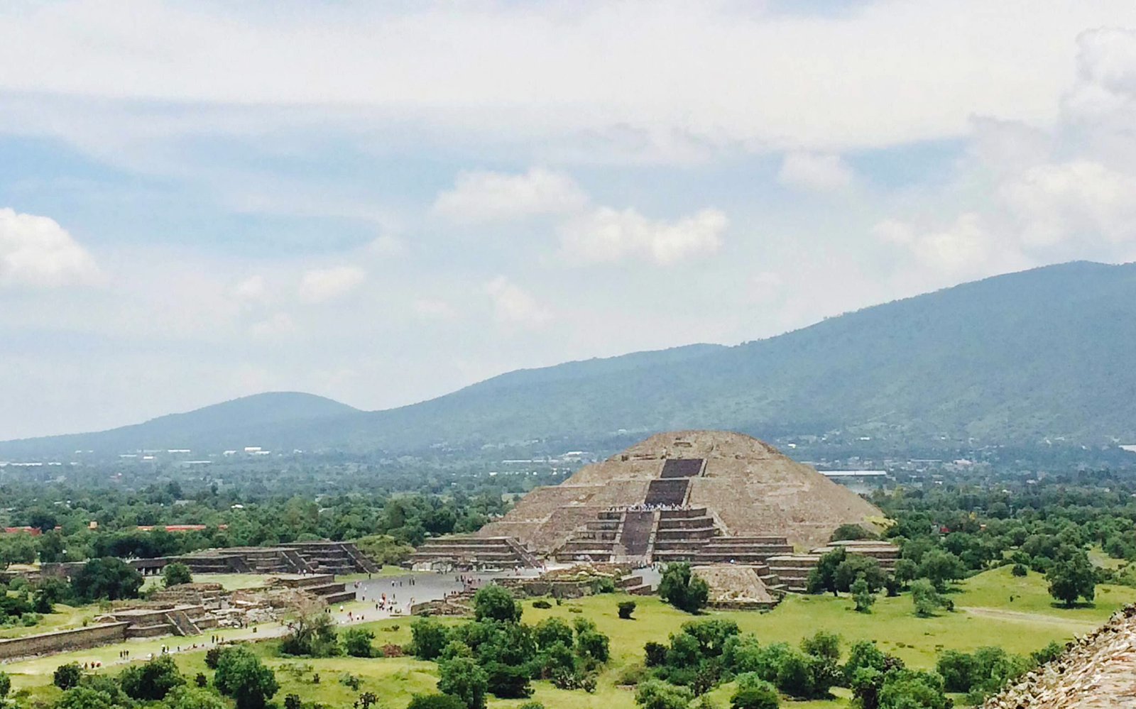 Teotihuacan Pyramid of the Sun with surrounding landscape in Mexico.