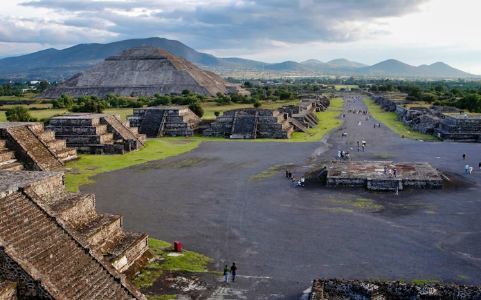 Teotihuacan Pyramids with Avenue of the Dead, Mexico, featuring Pyramid of the Sun.