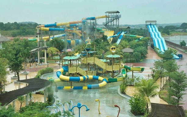Water slides and play structures at Austin Heights Water and Adventure Park.