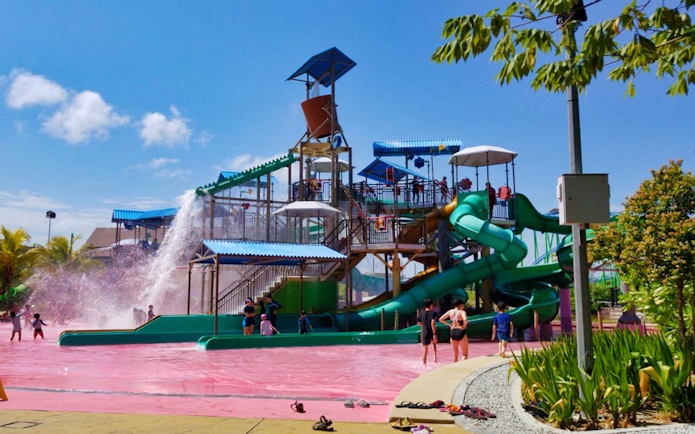Water slides and splash area at Adventure Waterpark Desaru Coast, Johor.