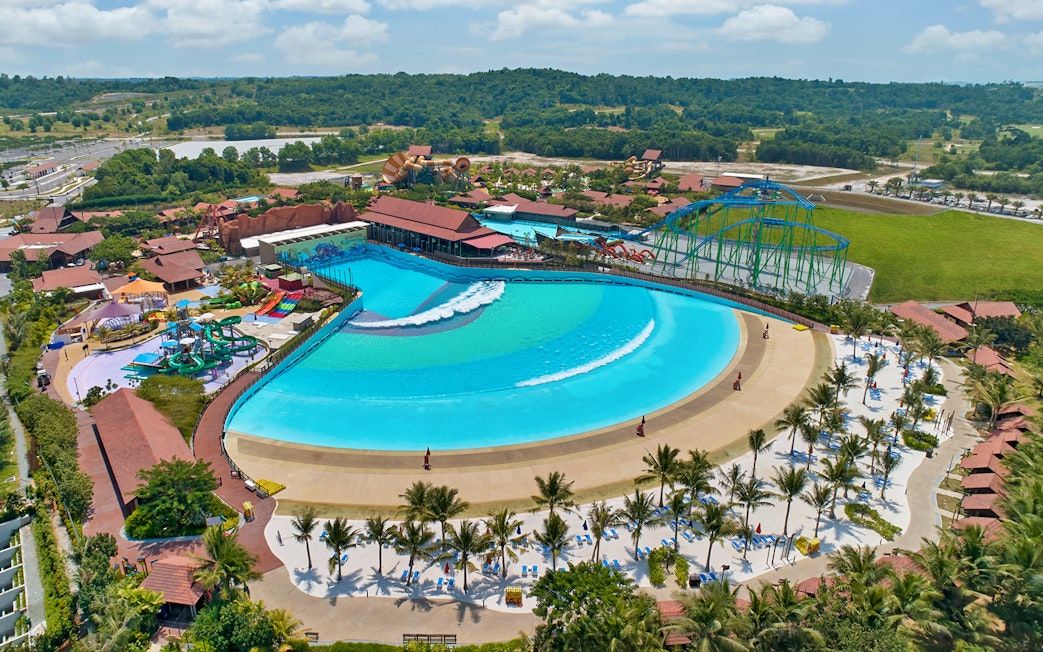 Aerial view of Adventure Waterpark Desaru Coast in Johor with wave pool and slides.