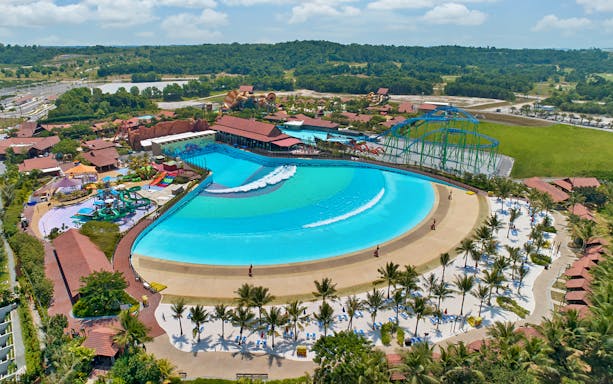 Aerial view of Adventure Waterpark Desaru Coast in Johor with wave pool and slides.