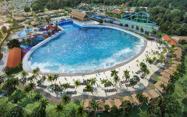 Aerial view of Desaru Coast Adventure Waterpark wave pool and surrounding attractions, Malaysia.