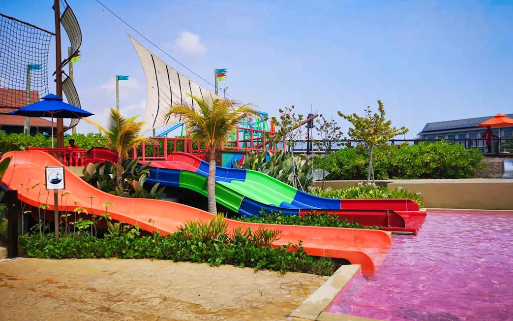 Colorful water slides at Adventure Waterpark Desaru Coast in Johor.