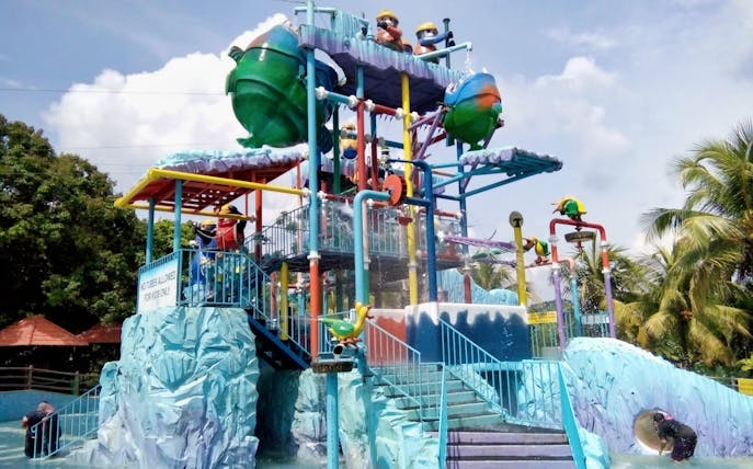 Colorful water play structure at Bukit Gambang Water and Safari Park.