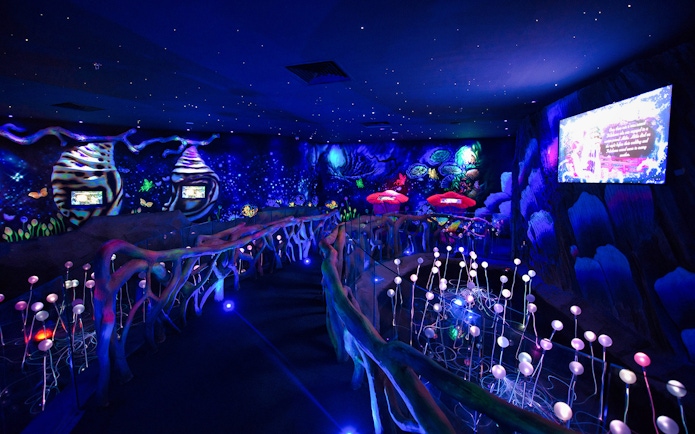 Interactive exhibit at Entopia Penang Butterfly Farm with glowing lights and colorful displays.