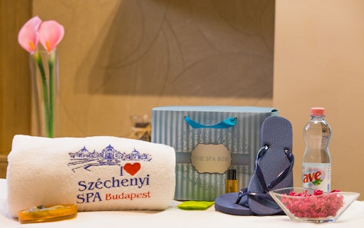 Széchenyi Spa essentials with towel, flip-flops, water bottle, and spa box in Budapest.