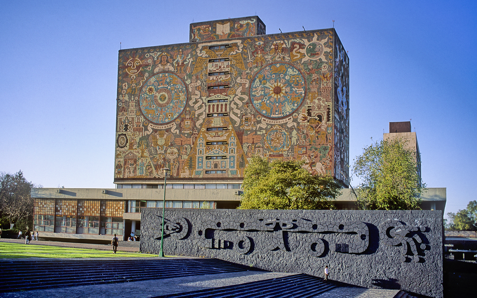 UNAM Central Library with mural in Mexico City.