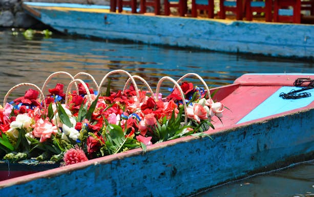 Colorful trajinera boats on Xochimilco canals during Mexico City full-day guided tour.