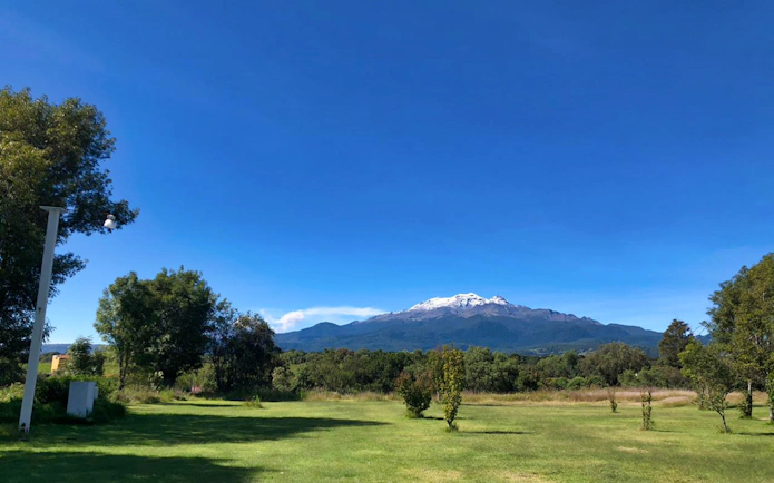 Snow-capped mountain view from a grassy field in Puebla, Mexico.