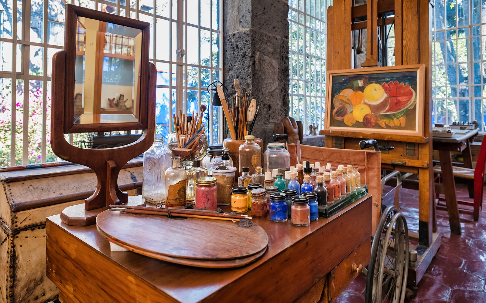 Frida Kahlo's studio with paints and brushes in Coyoacan, Mexico City.