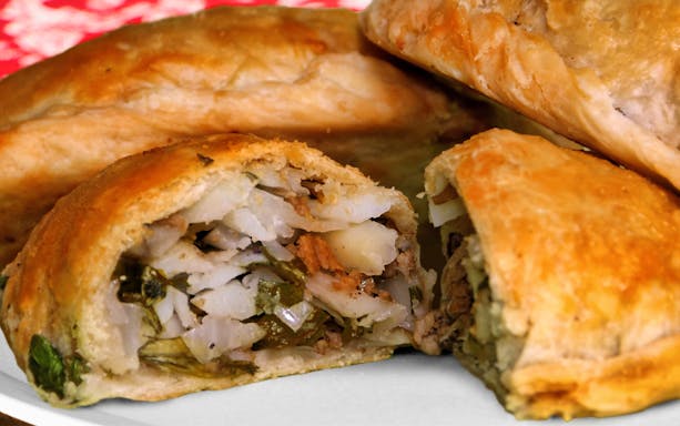 Traditional pasty filled with potatoes and herbs from Real del Monte, Mexico.