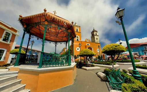 Central plaza with gazebo and church in Real del Monte, Mexico.