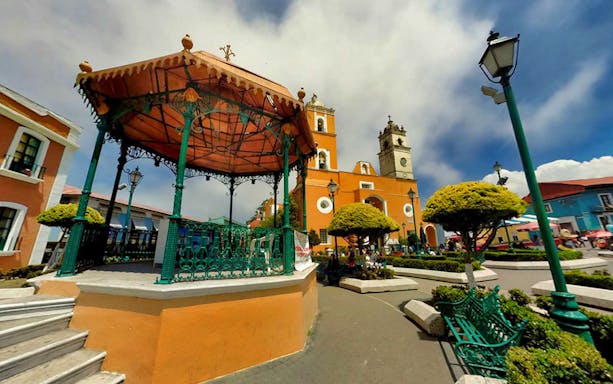 Central plaza with gazebo and church in Real del Monte, Mexico.