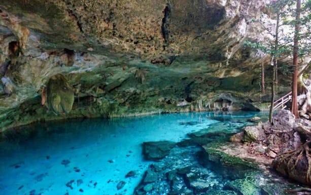 Cenote with clear blue water and rocky cave in Tulum, part of the Tulum Mayan Ruins & Dos Cenotes Tour.