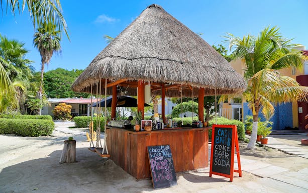 Tiki bar with thatched roof on Isla Mujeres beach, offering drinks for Premium Isla Mujeres Experience.