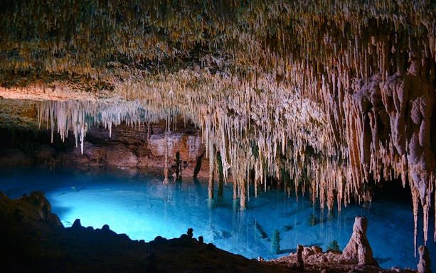 Underground river and stalactites at Rio Secreto Reserve, Mexico.