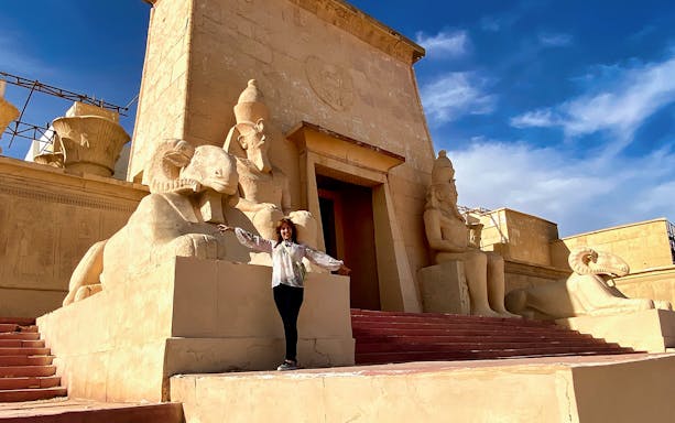Kasbah Aït Benhaddou entrance with statues at Atlas Film Studios, Ouarzazate.