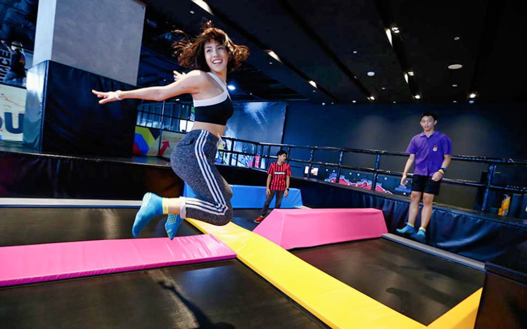 Person jumping on trampoline at BOUNCE Thailand, The EmQuartier.