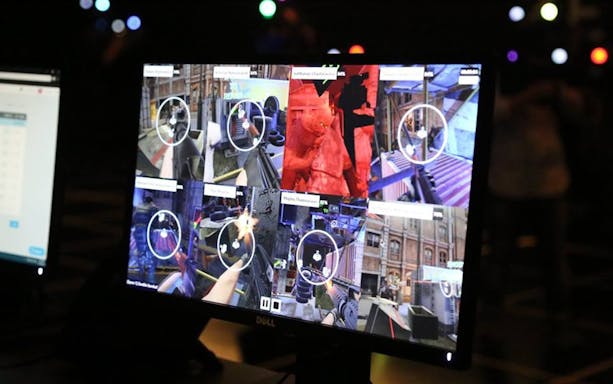 VR gameplay screen at Zero Latency Bangkok showing multiple action scenes.