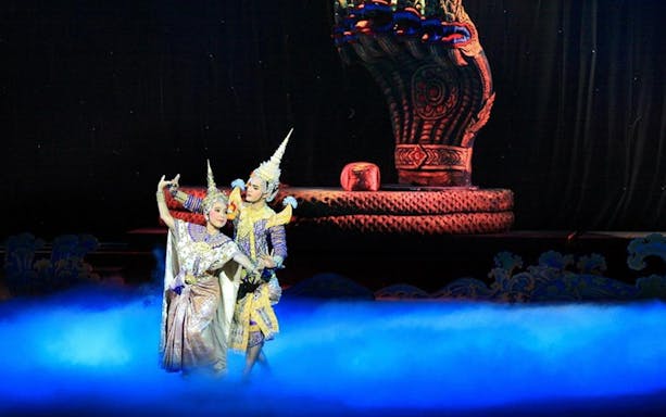 Khon Thai performers in traditional costumes at Sala Chalermkrung Royal Theater, Bangkok.
