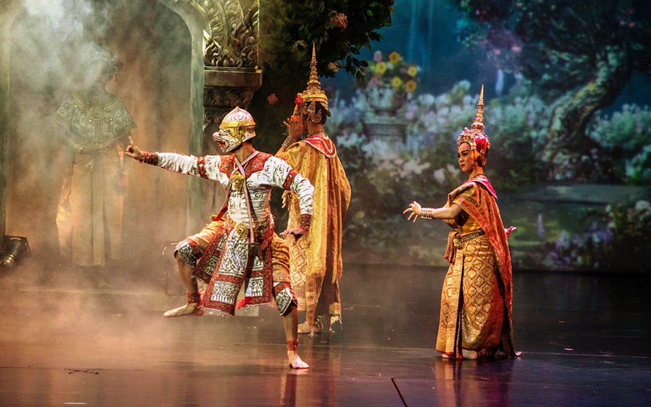 Khon Thai performers in traditional costumes at Sala Chalermkrung Royal Theater.