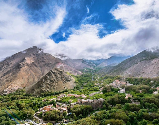 Ourika Valley with Berber villages and High Atlas Mountains near Marrakesh.