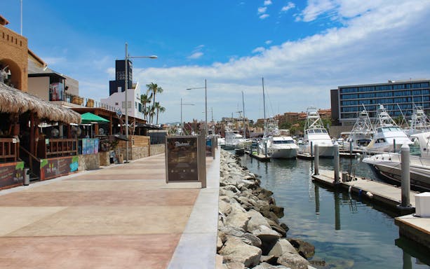Marina in Los Cabos with boats docked and nearby restaurants.