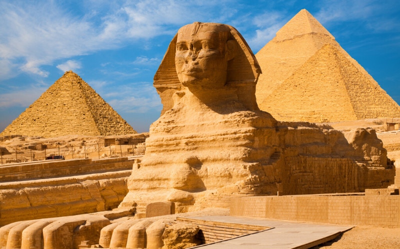 Sphinx and Pyramids of Giza under blue sky, Ancient Egypt Virtual Tour.