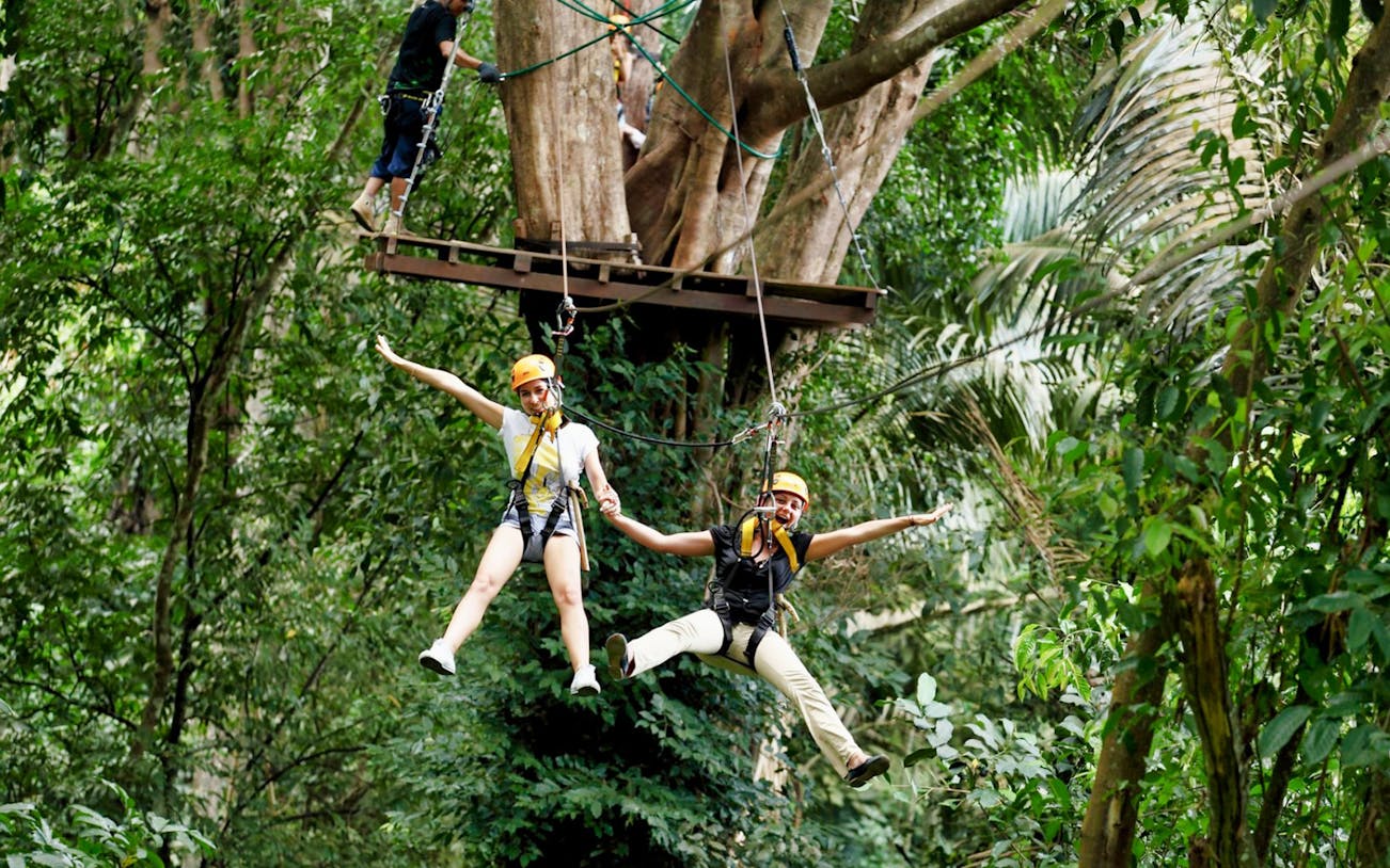 People ziplining through lush jungle at Elephant Jungle Sanctuary.