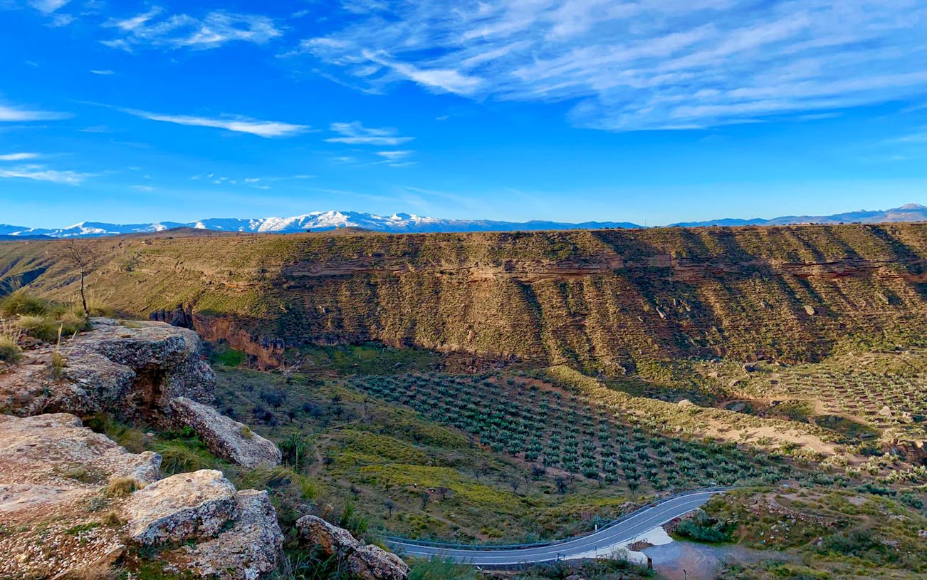 Granada Geopark landscape with desert cliffs and olive groves under a blue sky.