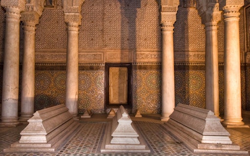 Saadian Tombs interior with ornate columns and mosaic tiles, Marrakesh.
