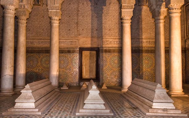 Saadian Tombs interior with ornate columns and mosaic tiles, Marrakesh.