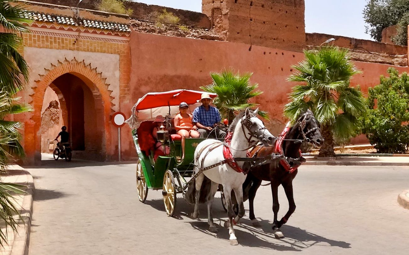 Carriage ride through Marrakesh near Majorelle and Menara Gardens.