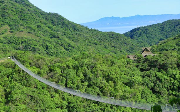 Jorullo Bridge spanning lush green forest in Puerto Vallarta, Mexico.