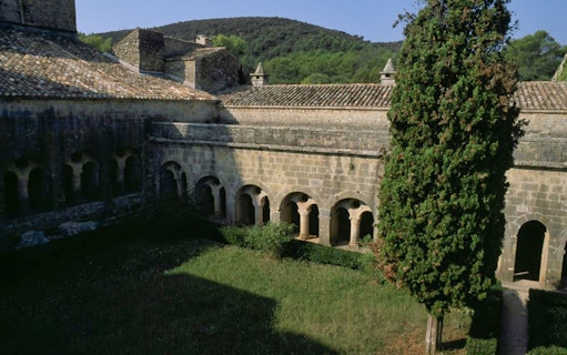 Cloister courtyard of Abbaye du Thoronet with stone arches and greenery.