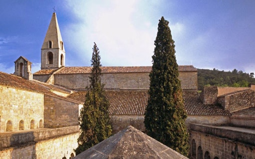 Abbaye du Thoronet with stone architecture and tall cypress trees in Provence, France.