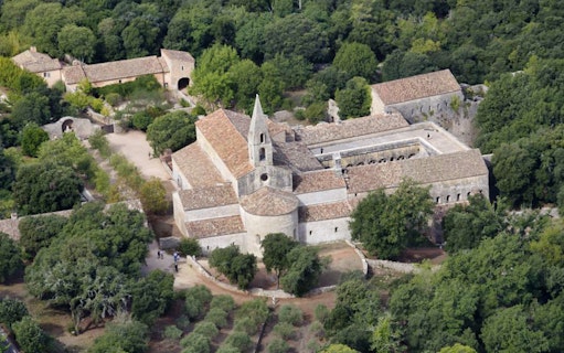 Aerial view of Abbaye du Thoronet surrounded by lush greenery in Provence, France.
