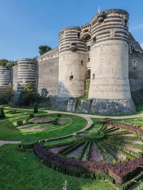 Angers Castle with its medieval towers and landscaped gardens in Angers, France.