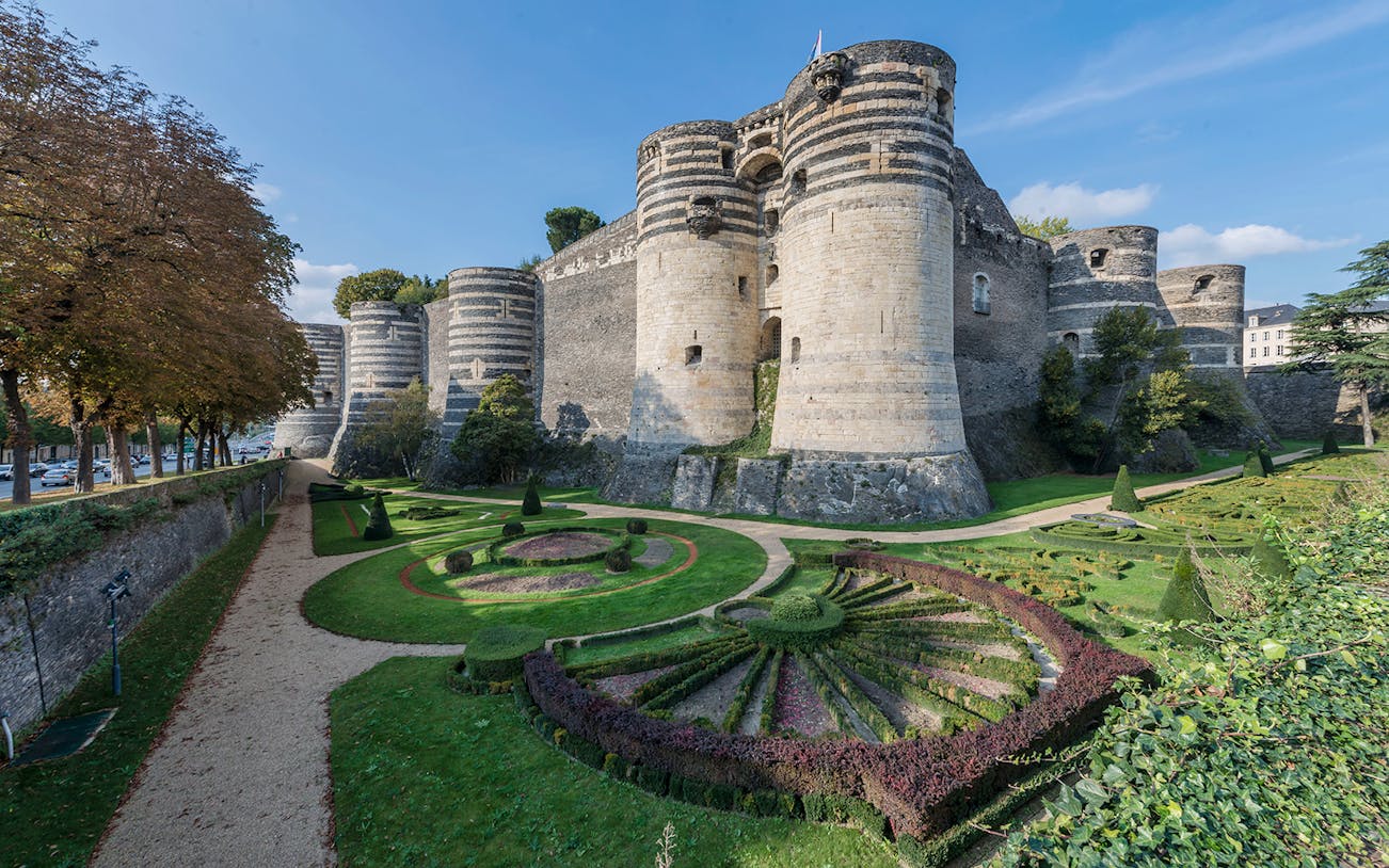 Angers Castle with its medieval towers and landscaped gardens in Angers, France.